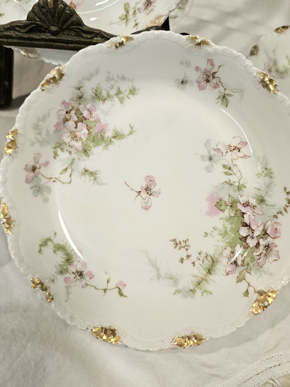 Antique Theodore Haviland Limoges France Pink Floral Gold Gilt Plates Set of 5